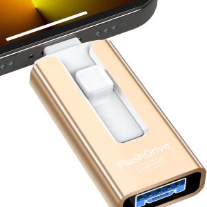 Sunany USB Flash Drive 256 GB for Phone and Pad, High Speed External Thumb Drives USB Memory Storage Photo Stick for Save More Photos and Videos (Gold)