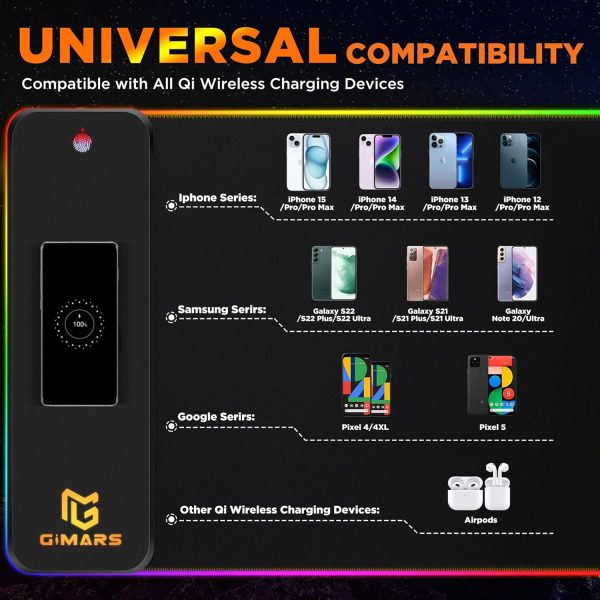 Gimars RGB Gaming Mouse Pad,15W Wireless Charging Mousepad with 10 Light Modes, Large Mousepad with Premium Smooth Surface, Non-Slip Mouse Mat for Gaming, Desk, PC,Office, 31.5x11.8x0.16inch - Image 4