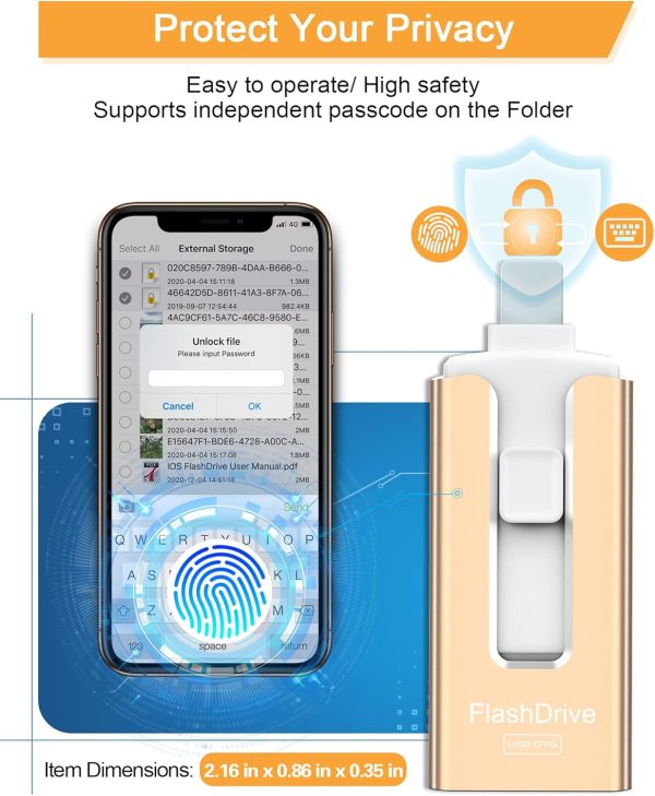 Sunany USB Flash Drive 256 GB for Phone and Pad, High Speed External Thumb Drives USB Memory Storage Photo Stick for Save More Photos and Videos (Gold) - Image 5