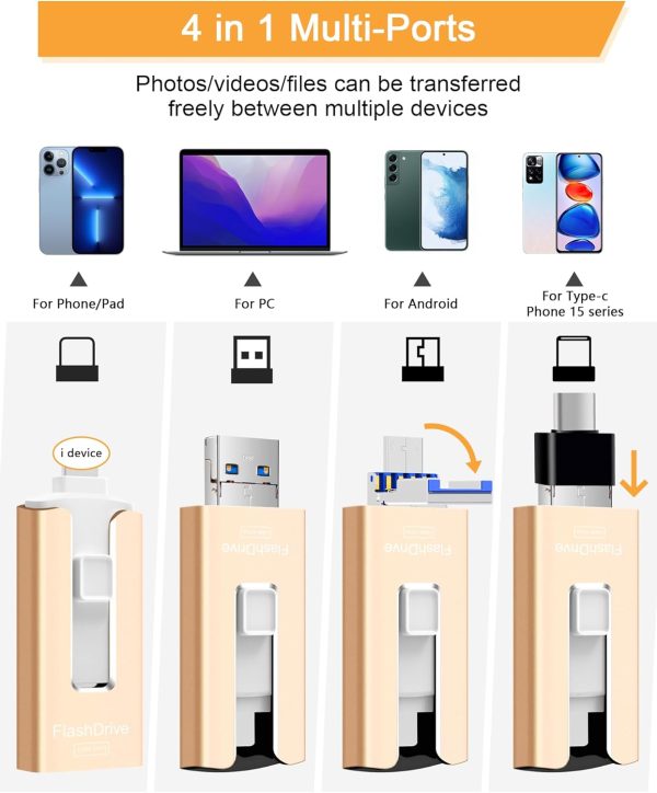 Sunany USB Flash Drive 256 GB for Phone and Pad, High Speed External Thumb Drives USB Memory Storage Photo Stick for Save More Photos and Videos (Gold) - Image 8