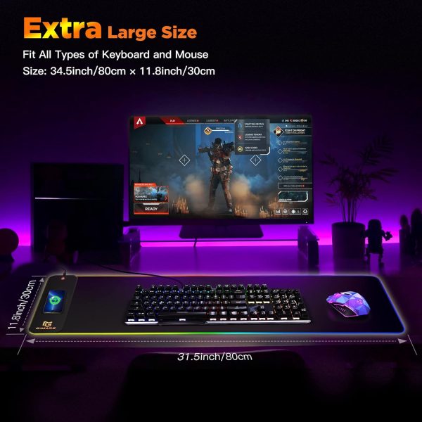 Gimars RGB Gaming Mouse Pad,15W Wireless Charging Mousepad with 10 Light Modes, Large Mousepad with Premium Smooth Surface, Non-Slip Mouse Mat for Gaming, Desk, PC,Office, 31.5x11.8x0.16inch - Image 6