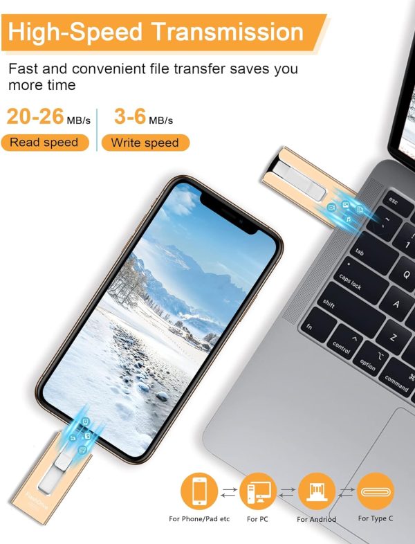 Sunany USB Flash Drive 256 GB for Phone and Pad, High Speed External Thumb Drives USB Memory Storage Photo Stick for Save More Photos and Videos (Gold) - Image 7